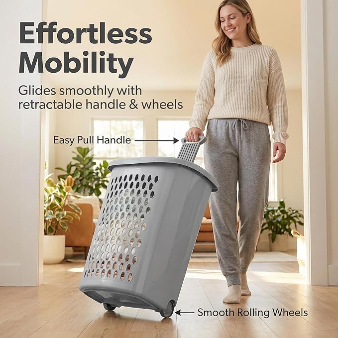 Gray Laundry Basket with Rolling Wheels,Extra Large Huvy-duty Plastic Laundry Hamper with Lid & Retractable Handle suitable Families, Dormitories, Laundry Rooms