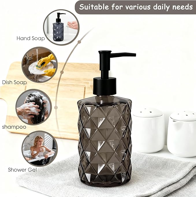 Glass Soap Dispenser with Black Plastic Pump, 12oz Refillable Liquid Hand Soap Dispenser, 2 Pack Crystal Lotion Bottle for Modern Home Decor, Bathroom, Kitchen, Vanity Countertop, Hotel (Black