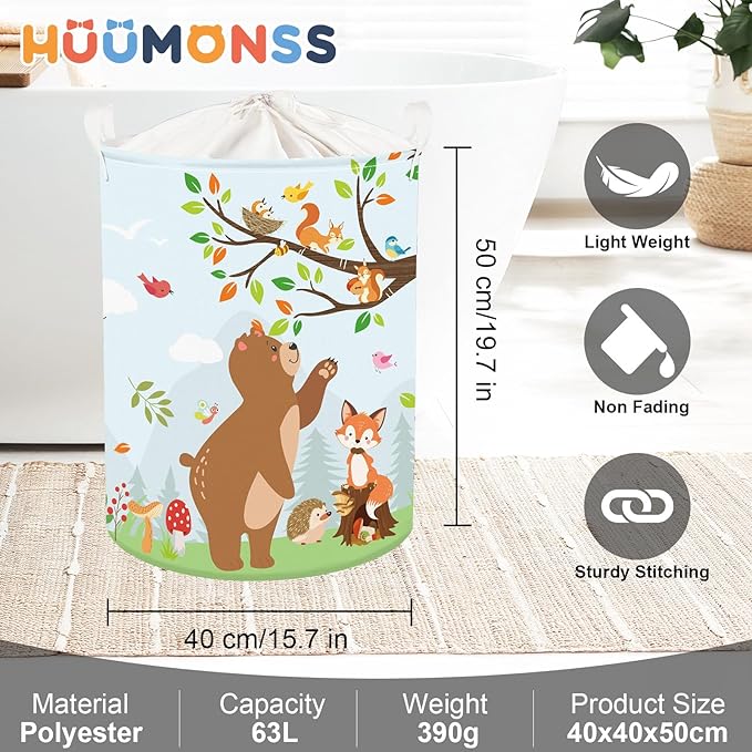 Forest Animals Laundry Hamper Woodland Tree Large Storage Basket Parents Organizer Kids Clothes Toy Bins for Bedroom, Bathroom, Hedgehog, 63L