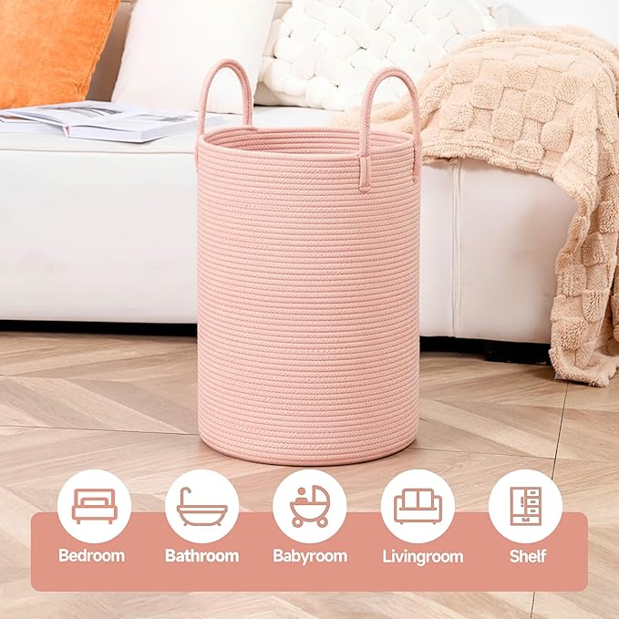 CLHMILY&Z Laundry Hamper Round Storage Rope Basket in Living Room, Bedroom, Laundry Room for Toy, Clothes, Blanket, Pillow (Pink, 60L)