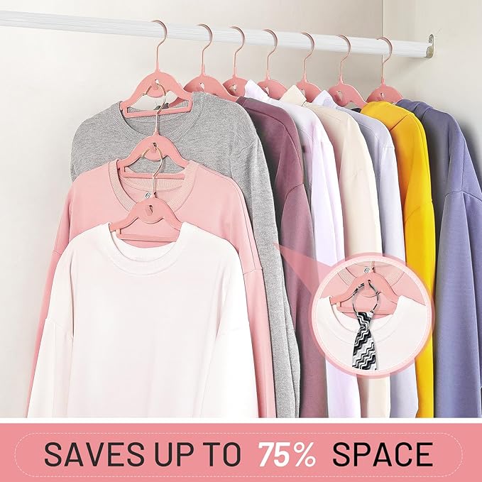 Velvet Stackable Hangers 30 Pack, STOPKLAS Pink Clothes Hangers Non Slip Felt Hangers with 360° Swivel Hook, Thin Hanger Space Saving, Heavy Duty Closet Hanger for Clothes, Coats, Suits, Dress, Pants
