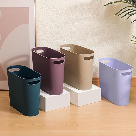rejomiik Small Trash Can, Slim Garbage Can Plastic Waste Basket with Handles 3.5 Gallon Container Bin for Narrow Spaces Bathroom, Bedroom, Kitchen, Office at Home, 2 Pack Khaki