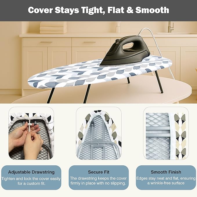 Small Ironing Board Cover and Pad 12.5"x30" Small Iron Board Cover with Padding,Tabletop Mini Ironing Board Cover and Pad Small Size, Cotton Canvas, Heat Resistant, Drawstring Closure Foliage