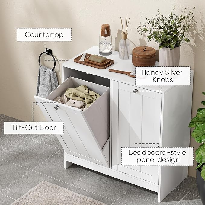 Double Tilt Out Laundry Hamper Cabinet, 11.8 Gallon Hidden Trash Cabinets with 2 Baskets for Kitchen, Freestanding Bathroom Storage Cabinet Unit, White