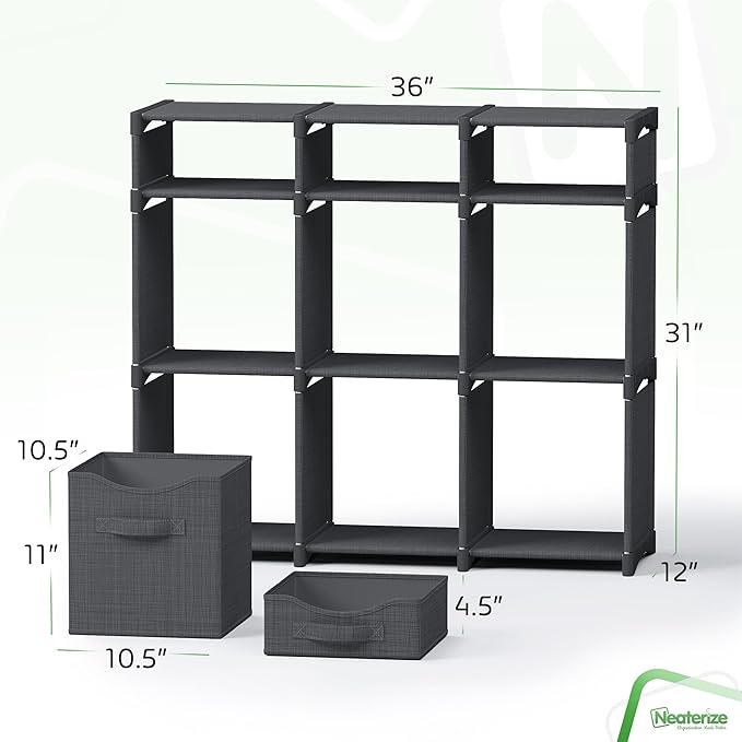 9 Cube Storage Organizer With Bins Included - Closet Storage With 9 Storage Bins - Easy To Assemble Storage Unit With Drawers - Closet Organization For Clothes, Bedroom, Nursery, & Toys (Dark Grey)