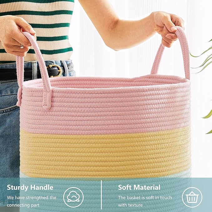 15Dx20H inches Baby Girls Kids Hamper Rainbow Laundry Basket for Nursery Clothes Pastel Unicorn Woven Hamper in Playroom Bedroom Large Tall Blanket Basket