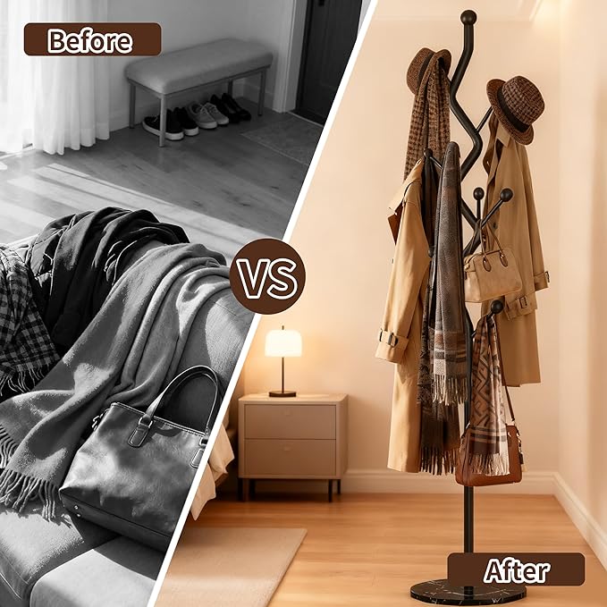 68.9 Inch Tall Modern coat Rack,Black Freestanding coat Rack Tree,Heavy-Duty Metal Coat Rack Stand with Sturdy Marble Base for Entryway,Hallway,Bedroom,Holds Coats Hats Bags Scarves