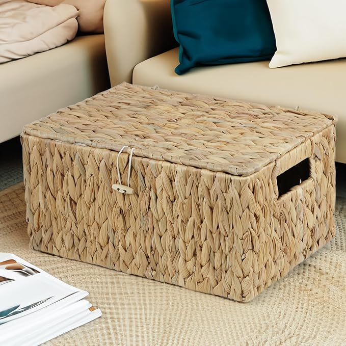Large Wicker Basket with Lid, Rectangular Water Hyacinth Storage Baskets for Organizing, Woven Basket for Storage, Decorative Boxes Bins with Lids Home Organizer Decor