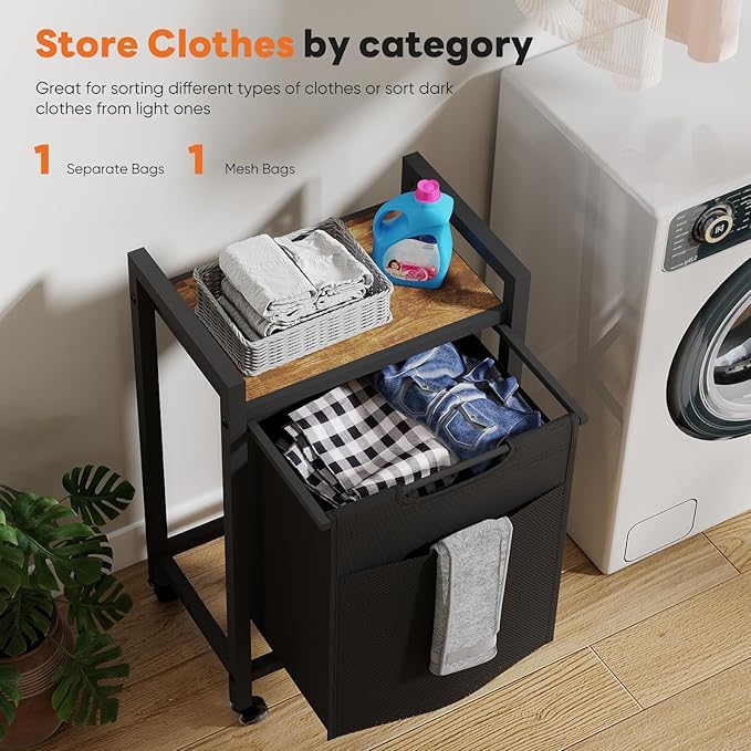 NEWBULIG Rolling Laundry Hamper with Removable Pull-Out Bag, Freestanding Clothes Basket Organizer with Wheels for Bathroom & Bedroom, 1 × 17.2 Gal (65L) - Rustic Brown & Black