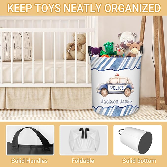 Personalized Police Car Laundry Basket, Custom Laundry Hamper With Name Gifts For Kids Baby Adults, Collapsible Dirty Clothes Storage Organizer With Handles S 16.5 X 13.8in