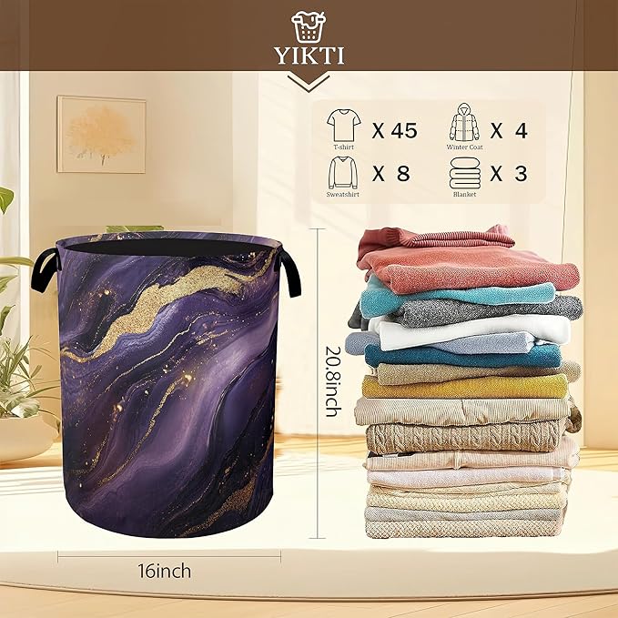 Purple Gold Marble Laundry Hamper,Modern Abstract Collapsible Laundry Baskets,Waterproof Oxford Cloth Laundry Room Organization for Bedroom,Bathroom,Nursery,16x20 Inch