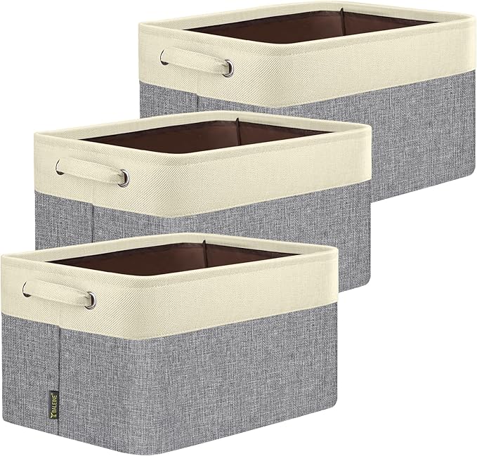 BALEINE 3 Pack Fabric Storage Bins for Shelves, Linen Storage Baskets for Organizing, Decorative Closet Bins for Clothes, Home (Grey, 12"x8"x8")