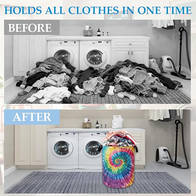 Tie Dye Laundry Basket Collapsible Laundry Hamper Clothes Toy Storage Bin for Bathroom Bedroom Room Decor 16" X 20.8"