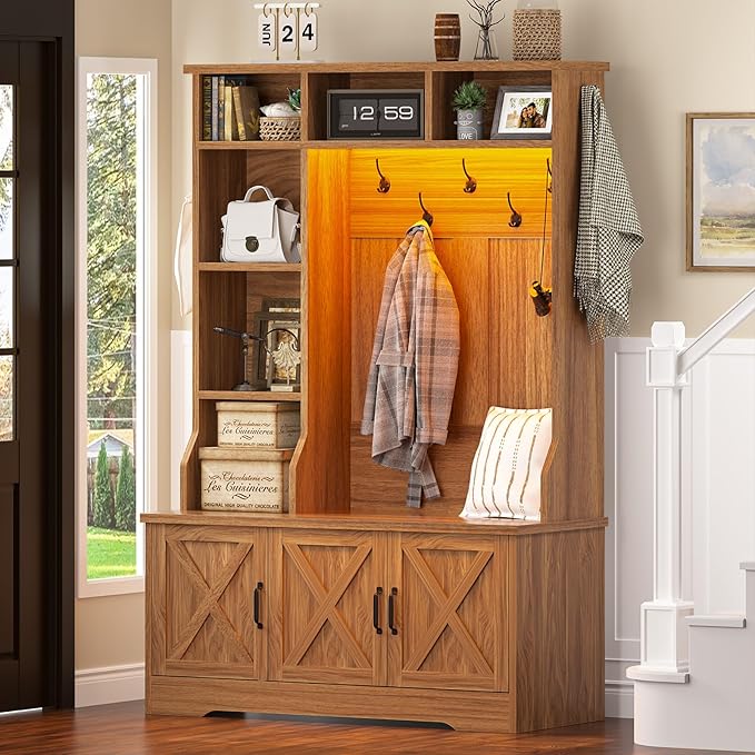 Hall Tree with Bench and Shoe Storage, Farmhouse Entryway Bench with Coat Racks and Led Lights, Tall Hall Tree with 7 Coat Hooks, 6 Storage Cubbies, Adjustable Shelf