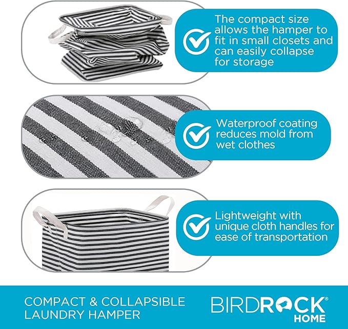 BIRDROCK HOME Laundry Hamper Bin Basket for Clothes, Compact Slim Collapsible Organizer for Dirty Clothes - Ideal for Small Spaces Bedroom, Bathroom, Dorm, Kids Room - 61L, Grey & White Stripes