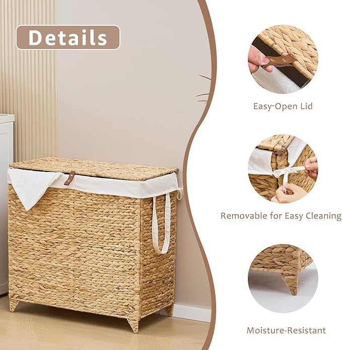 Handwoven Laundry Hamper with Lid, Natural Hyacinth Heightened Feet Laundry Basket, Wicker Clothes Hamper with Removable Liner Bag (Natural-A, 120L)