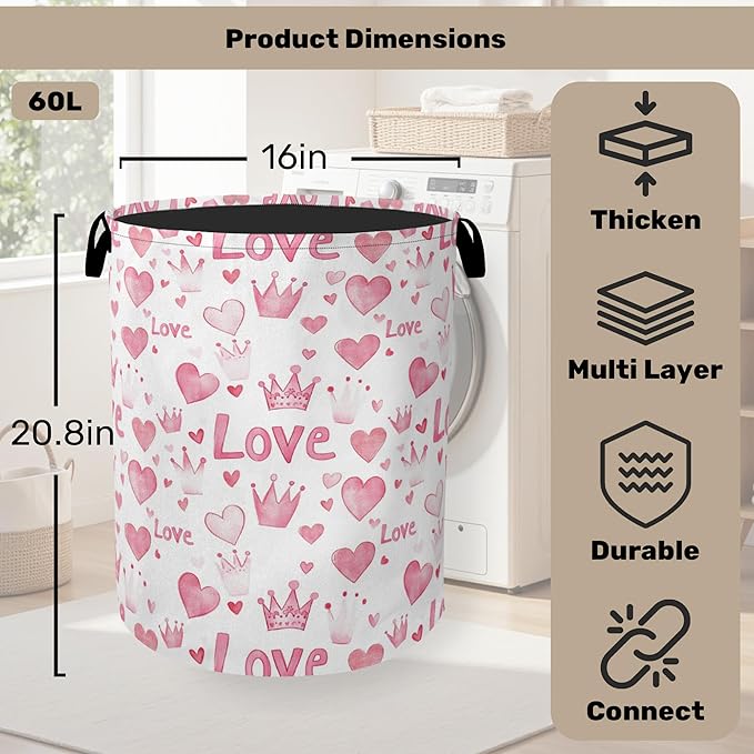 Pink Lovers Laundry Basket - Heavy Duty 60L Dirty Clothes Organizer, Water Resistant Foldable Hamper for Men Women