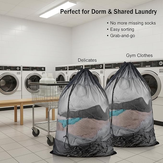 3 Pack Large Mesh Laundry Bags, 23 x 34 Inches Heavy Duty Laundry Net Bag with Drawstring, Durable Mesh Laundry Bags for College Dorm, Travel, Family, Apartment Dwellers, Camping, Black