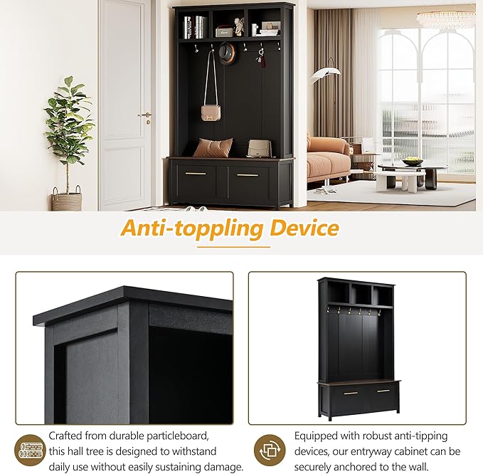 Modern Hall Tree with 6 Golden Hooks, Wood Entryway Coat Hanger with Brown Wood Grain Storage Bench and Top Open Storage Shelves, Versatile 4-in-1 Entryway Coat Rack for Entrance Hallway (Black-9.8)