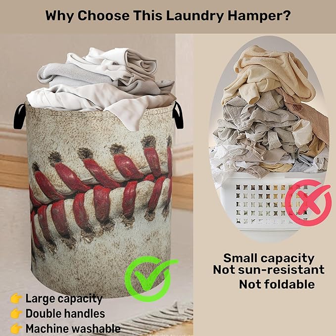 Baseball Laundry Basket with Handles - Extra Large Foldable Hamper for Bathroom/Laundry/Bedroom/Dorm, Washable Fabric Storage Bin