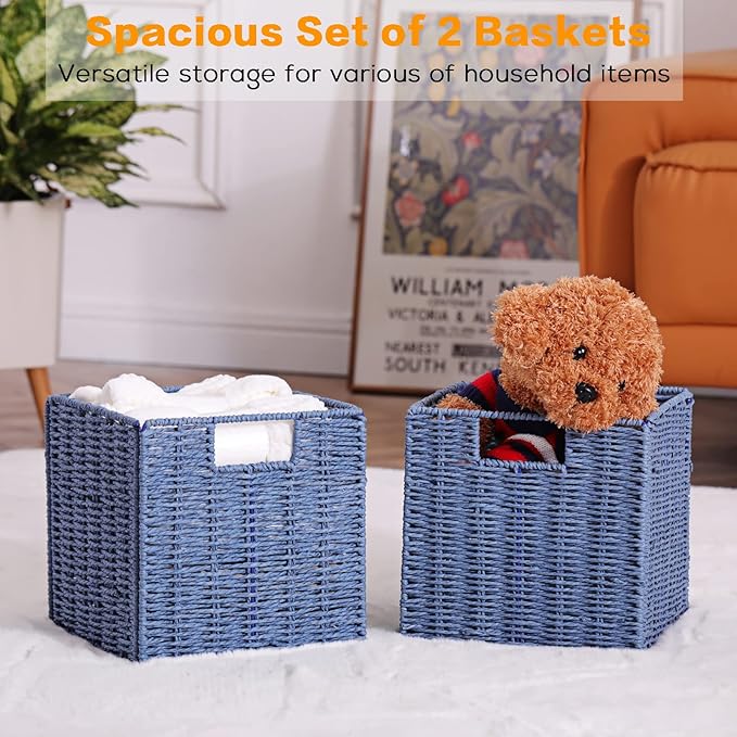 Vagusicc Wicker Basket, Set of 2 Hand-Woven Paper Rope Storage Baskets for Organizing, Foldable Cubby Storage Bins, 9 Inch Small Wicker Storage Basket, Square Baskets Cube Storage Organizer Bins, Blue