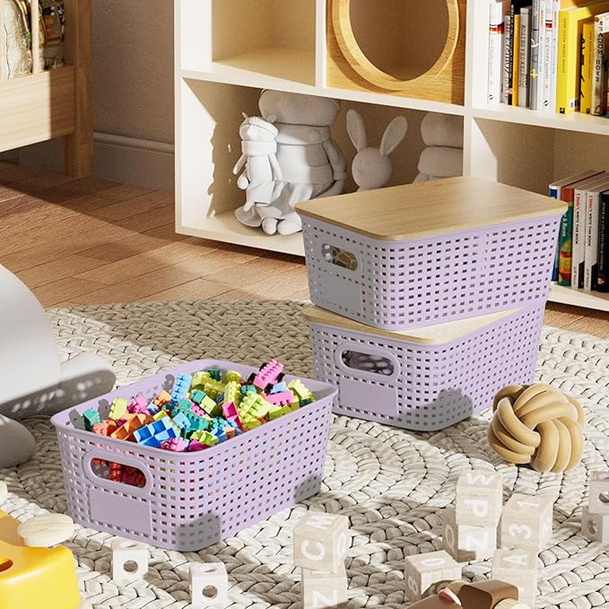 6Pcs Storage Bins with Lids, Stackable Plastic Storage Basket with Bamboo Lid, Pantry Organizer Box Small Containers for Organizing Shelves Drawer Desktop Closet Cabinet Office Classroom 10x7.1x4.1in