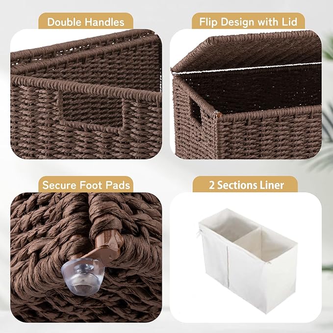 OIAHOMY Laundry Hamper with Lid, 29.1 Gal (110L) Wicker Hamper with Removable Liner Bags, Handwoven Clothes Basket with Handles, Foldable Paper Rope Basket for Laundry Room, Bedroom-Brown