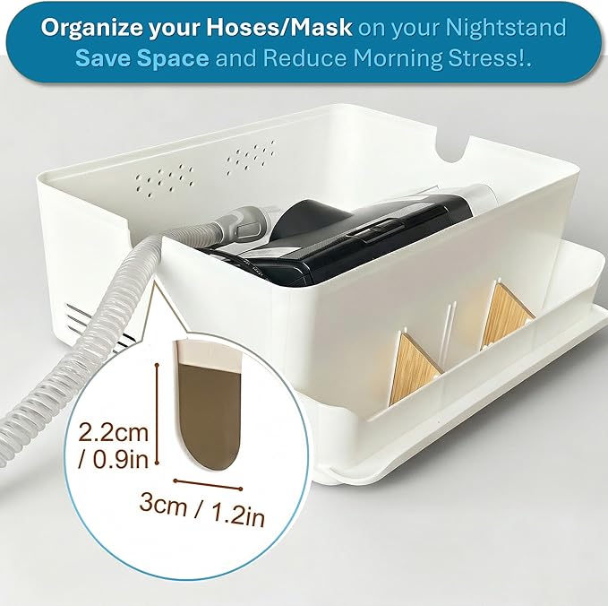 Maximun CPAP Bedside Organizer & Storage Box - Compatible With ResMed AirSense 11/10 Philips DreamStation, Sleep Apnea Machine Protector with Dual Hose Ports, Cable Management - White