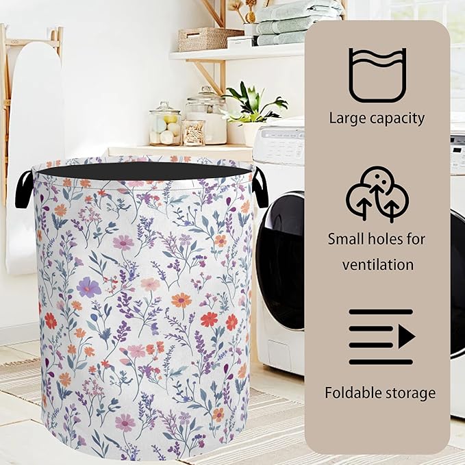 Spring Wildflowers Laundry Basket with Handles - Extra Large Foldable Hamper for Bathroom/Laundry/Bedroom/Dorm, Washable Fabric Storage Bin