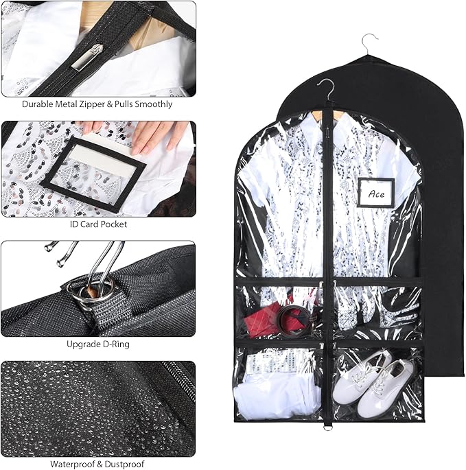 Syeeiex 3" Gusseted Clear Dance Costume Garment Bag(5 Pack), 40'' Dance Garment Bags for Dancers with 4 Zipper Pockets & Can Hold 1-3 Dance Costumes - Suitable for Dance Competitions, Ballet(Black)
