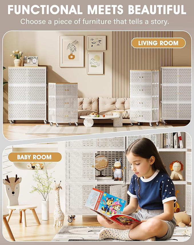 3 Tier Metal Storage Cabinet with wheels, Storage Bins with Magnetic Doors, Storage Cart for Living Room, Bedroom, Bathroom, Kitchen