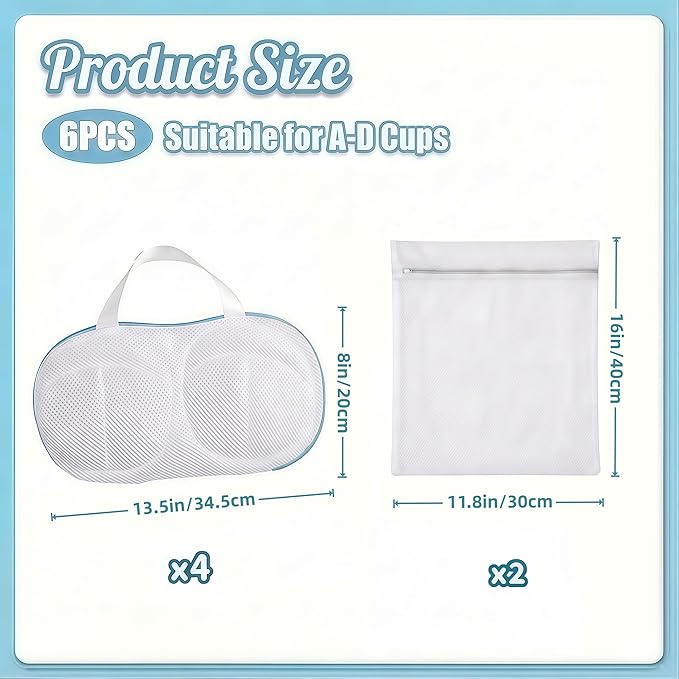 6 Pack Bra Laundry Bags for Washing Machine, Lingerie Bag for Washing Delicates Underwear Brassiere, Bra Washer Protector for Laundry, Suitable for A-D Cups