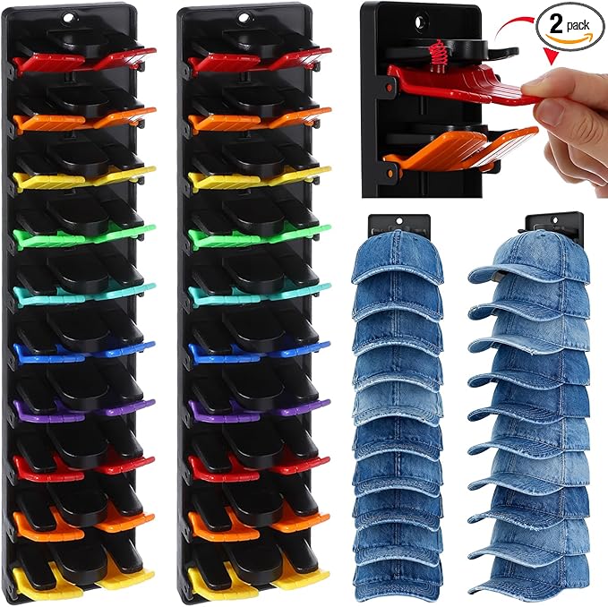 Hat Organizer for Baseball Caps 2 Packs with Built Spring Clips - Wall Mount Closet Hat Rack Holder, Holds 20 Caps, Quick Insert for Door/Closet Display Hats Racks Hanger (Strong Adhesive & Screws)