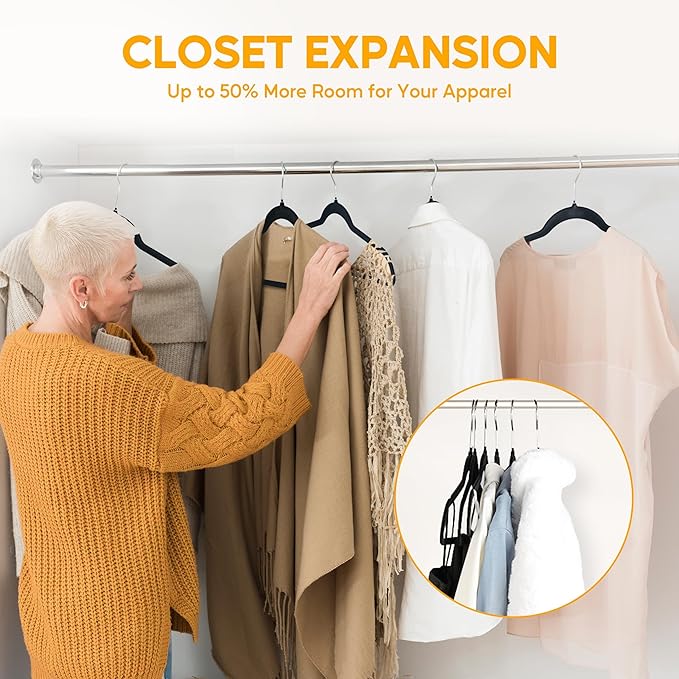 HealSmart Velvet Hangers 50 Pack, 360° Swivel Hooks, Non-Slip Clothes Hangers with Shoulder Notches, for Closet Space Saving, Black