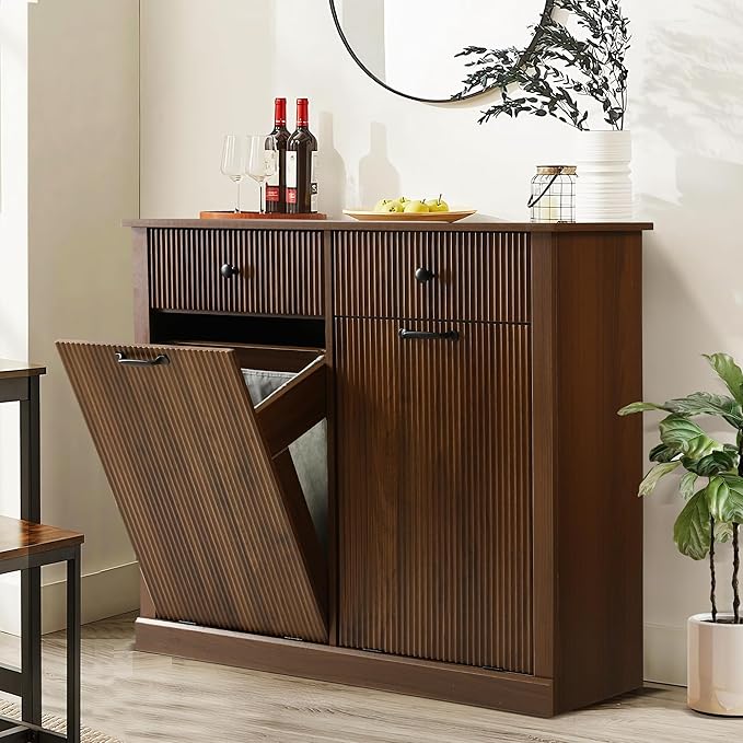 Grepatio Double Laundry Hamper, Fluted Tilt Out Laundry Hamper Cabinet, 22 Gallon Hidden Trash Can, Wooden Garbage Can Cabinet with 2 Drawer, Free Standing for Bathroom, Kitchen (Brown, Double)
