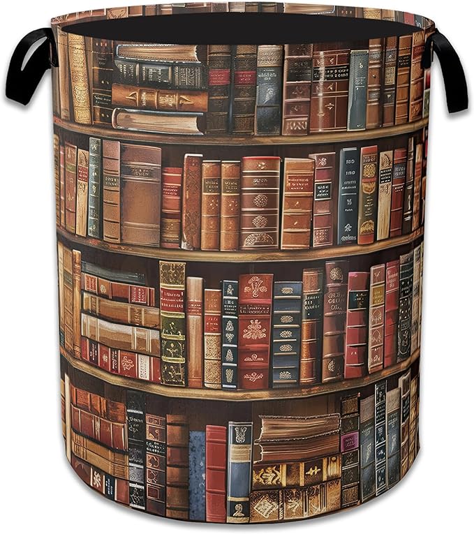 Retro Wooden Book shelf Laundry Basket Collapsible Laundry Hamper, Oxford Cloth Storage Bin for Room/Bathroom/Bedroom/Dormitories 16" X 20.8"