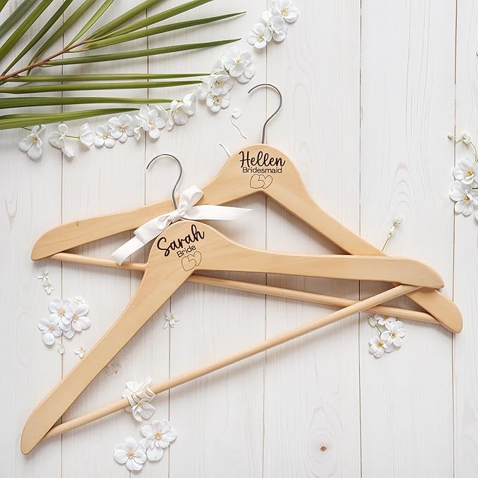 Personalized Bride & Groom Hangers with Custom Name & Date - Engraved Wooden Bridal Party Hangers