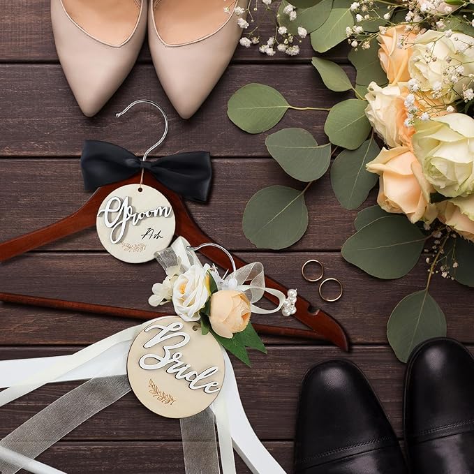 2 Pack Bride and Groom Wedding Hanger Set with Ribbon Bow Wooden Dress Suit Hanger Gift for Wedding Bridal Party Photo Decor(Brown, White,Flower)