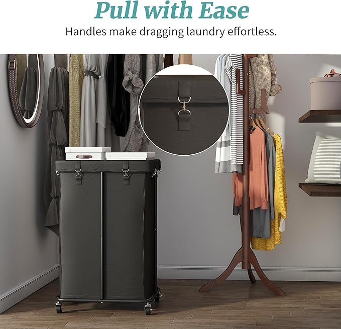 Laundry Hamper with Wheels, Rolling Laundry Basket with Metal Frame and Removable Bag, Double Laundry Hamper 2 Section, Large & Tall Dirty Clothes Hampers for Bedroom Aesthetic, Laundry Room, Bathroom