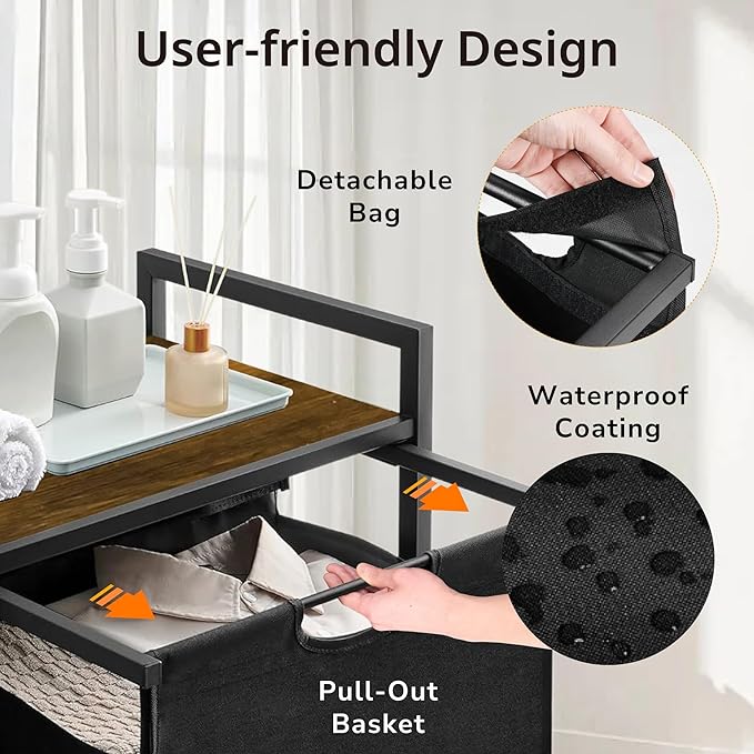 Laundry Hamper, Laundry Basket with 1 Pull-Out Removable Oxford Fabric Bag, 1 x 18.3 Gallons, Total 69L, Cloth Laundry Sorter with a Top Shelf 20"x13" (Black and Rust)