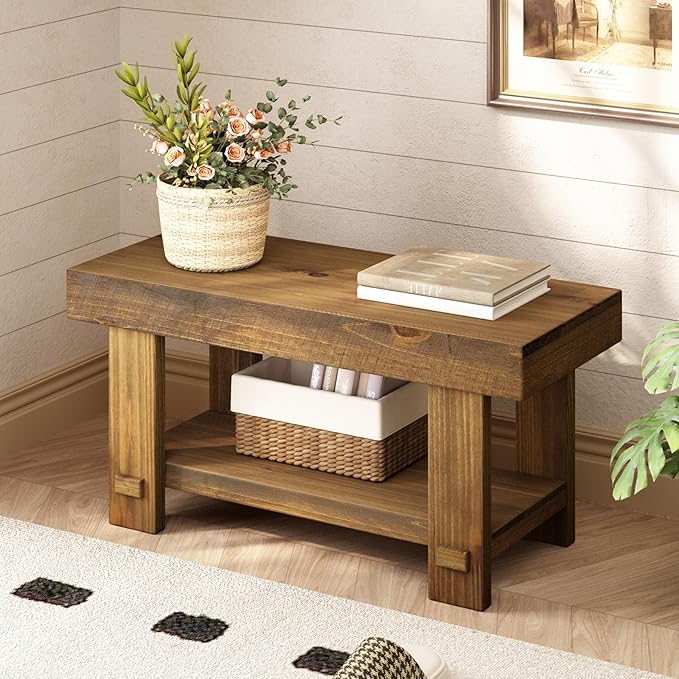 Solid Wood Entryway Bench - 31.5" Farmhouse Small Storage Benches, Narrow Bench Seat for Indoor, Entryway, Dining Room, Living Room and Hallway, Rustic Natural