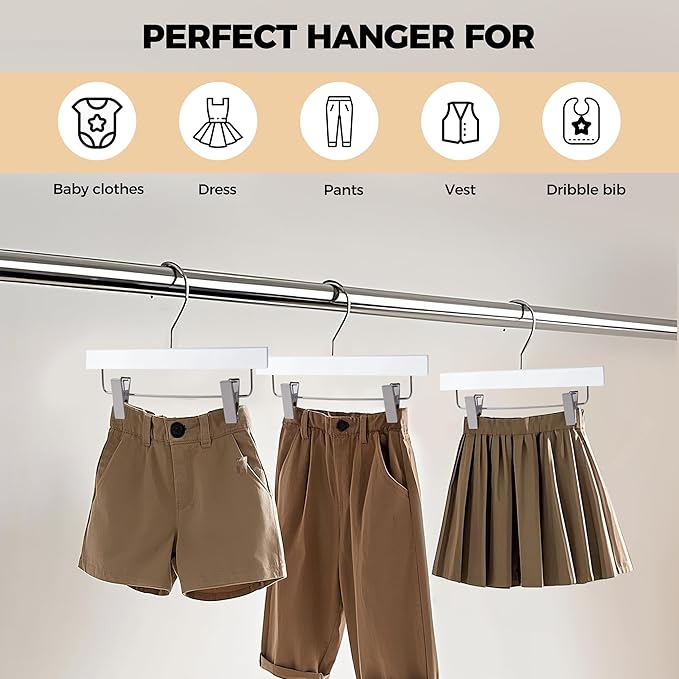 Quality 12-Inch Ultra Slim Kids Wooden Hangers – Multi-Pack – Space Saving White Design with Nickel Swivel Hook – for Baby Clothes, Shirts & Dresses (White, Skirt/Pant, 100 Pack)