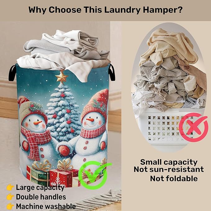 Cute Winter Snowman Laundry Basket - Heavy Duty 60L Dirty Clothes Organizer, Water Resistant Foldable Hamper for Men Women