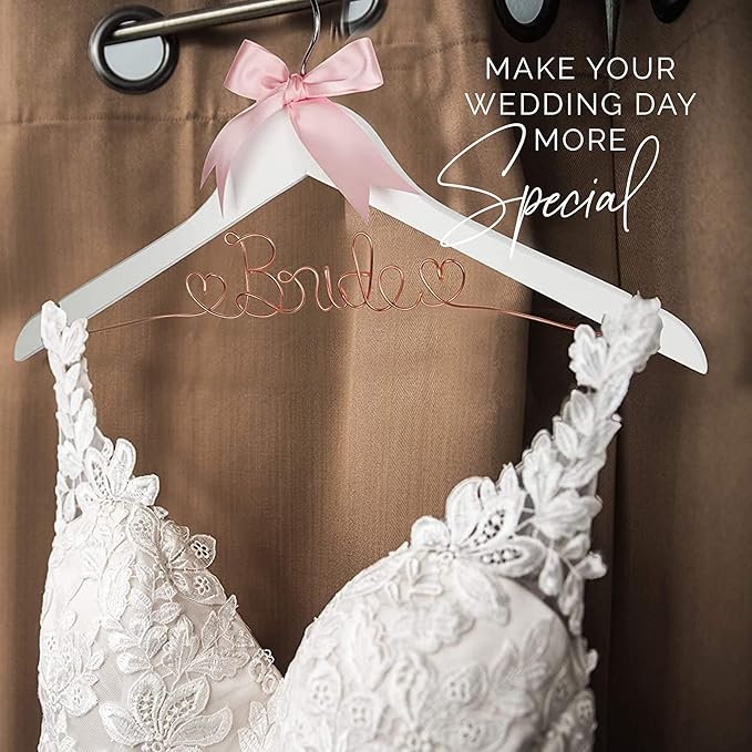Bride Hanger for Wedding Dress, Wooden Gown Display with White Finish, Elegant Keepsake for Ceremony Photos, Bridal Shower Gift, Getting Ready Accessory for Special Day (White Wood Rose Gold Wire)
