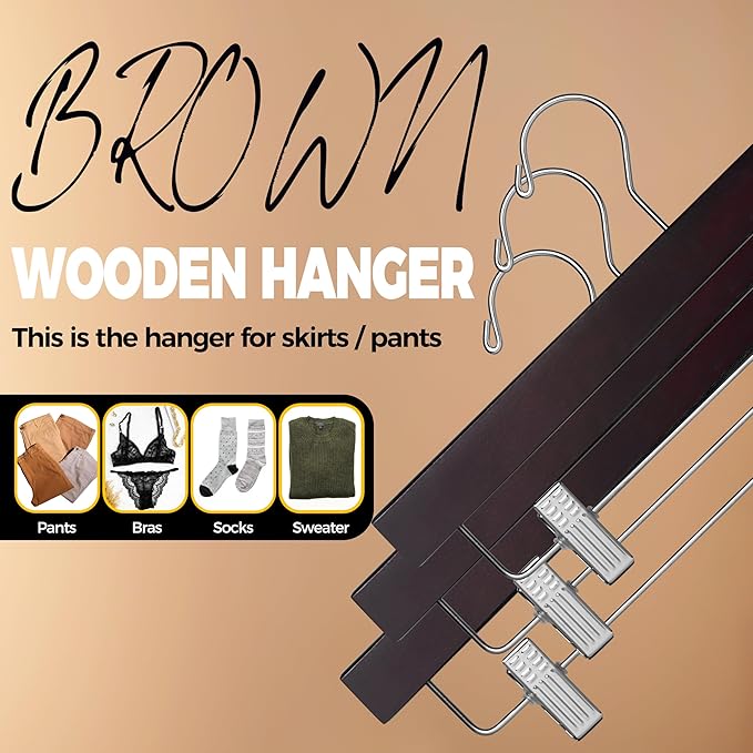 Quality Hangers Wooden Pants Hangers - 10-Pack Swivel Hook Cloth Hanger Set - Lotus Wood Skirt, Pant, Shorts and Slack Hangers with Adjustable Clip – Mahogany Clothing Hanger (Mahogany, 10)