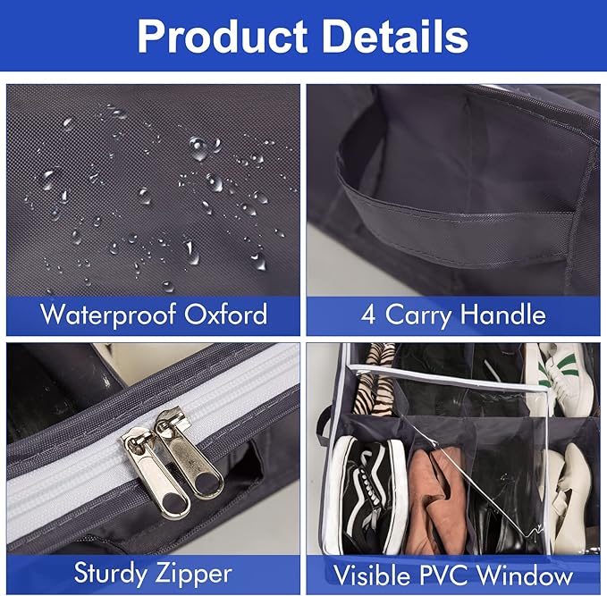 Surblue Under Bed Shoe Organizer Storage Bag with Transparent Skylight and Zippered,24 Pairs,Darkgray 2 PCS