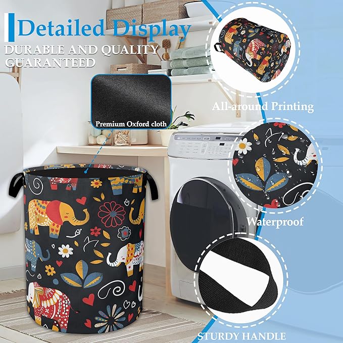 Boho Elephant Laundry Basket Collapsible Laundry Hamper Clothes Toy Storage Bin for Bathroom Bedroom Room Decor 16" X 20.8"