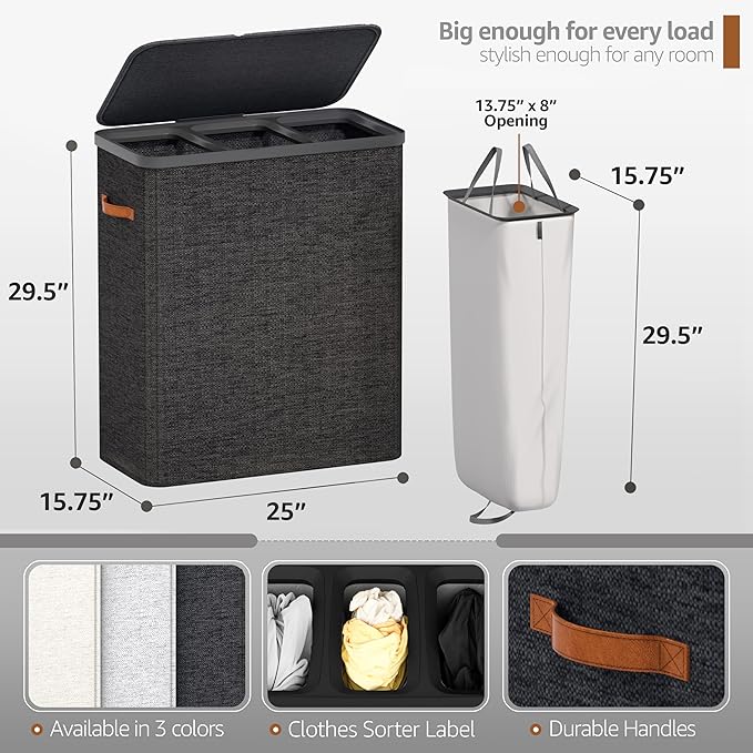 Sorbus Laundry Hamper with Lid - Collapsible 3-Compartment Fabric Laundry Basket with Handles and Removable Laundry Bag – 50 Gallon (190 L) Dirty Clothes Hamper for Bedroom, bathroom and dorm (Black)