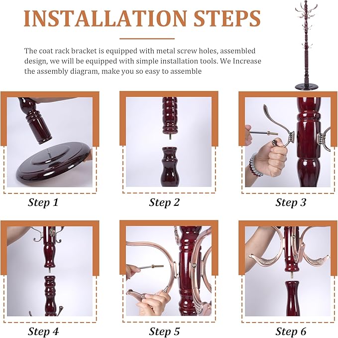 Free Standing Coat Rack with 14 Hooks, Vintage Wooden Coat Tree, Adjustable Height 73 Inches, Retro Coat Stand for Entryway, Living Room, Office & Bedroom (Mahogany) (Metal, 1 PCS)