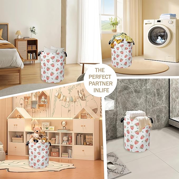 Watercolor Pink Strawberry Laundry Hamper,Green Leaves Collapsible Laundry Baskets,Waterproof Oxford Cloth Laundry Room Organization for Bedroom,Bathroom,Nursery,16x20 Inch